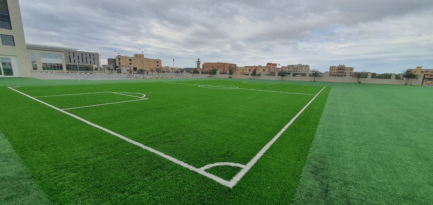 Artificial turf football field with white line marking