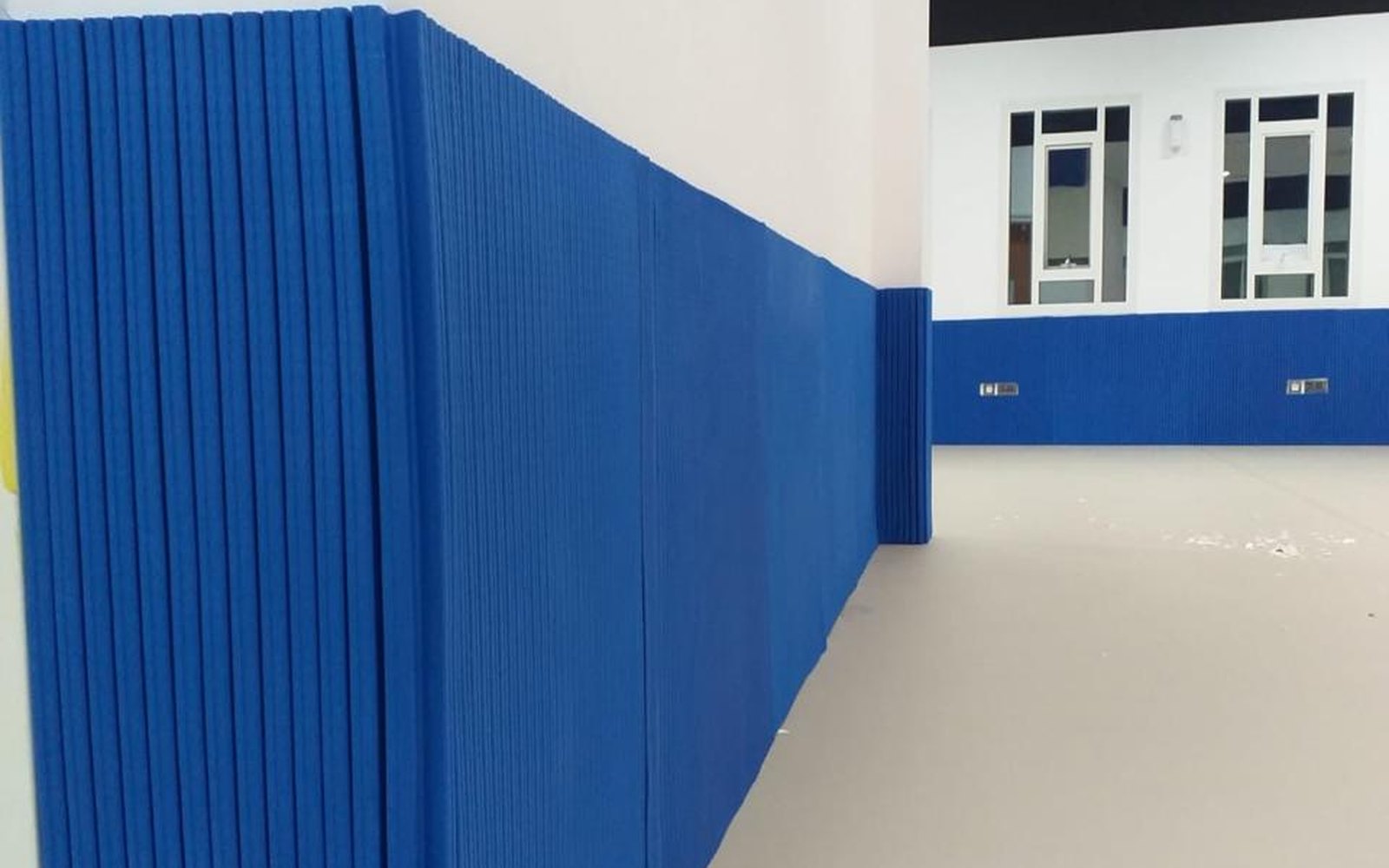 Blue impact-absorbing wall padding installed in an indoor sports hall